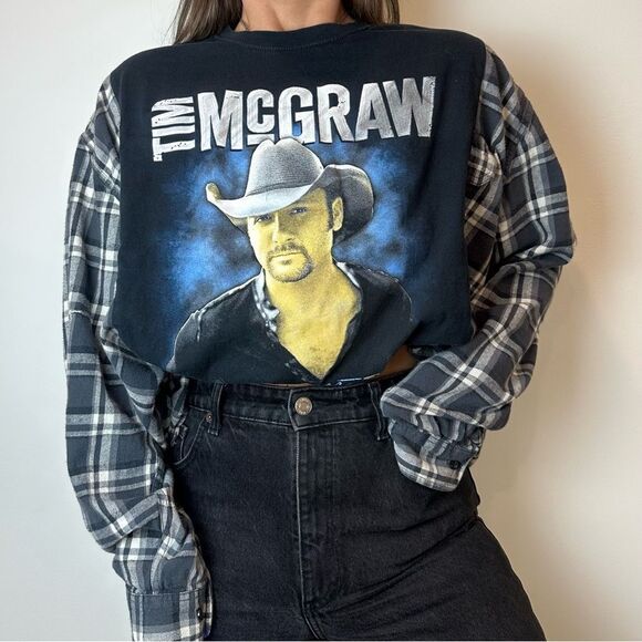 Reworked Tim McGraw Luke Bryan Tour Band Tee Full Length Flannel Shirt Top - Picture 2 of 4